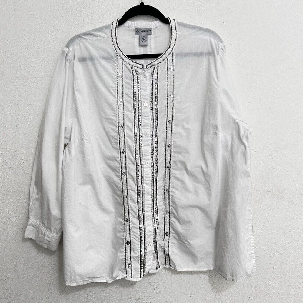 Catherines White Silver Sequin White Blouse Top Size 1X Button Front Long Sleeve